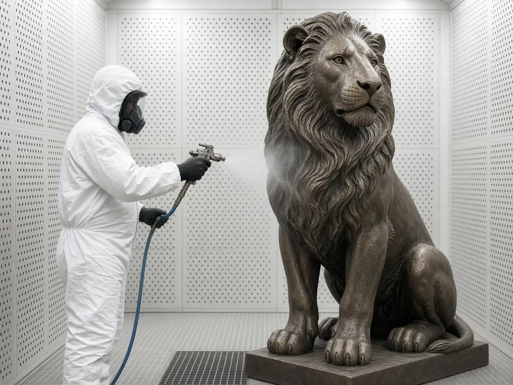 Bronz görünümlü fiberglass aslan heykeline boya kabininde UV dayanımlı son kat uygulaması